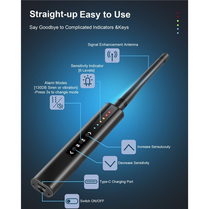 RF Detector & Hidden Camera Bug Finder – Digital Sensitivity Control, Detects Audio Bugs, WiFi Cameras, GPS Trackers