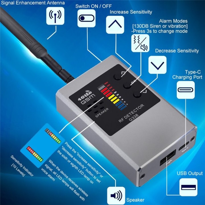 G338W Anti-Spy Detector – Detect Hidden Cameras, GPS Trackers, RF Signals & More (300-2700MHz)