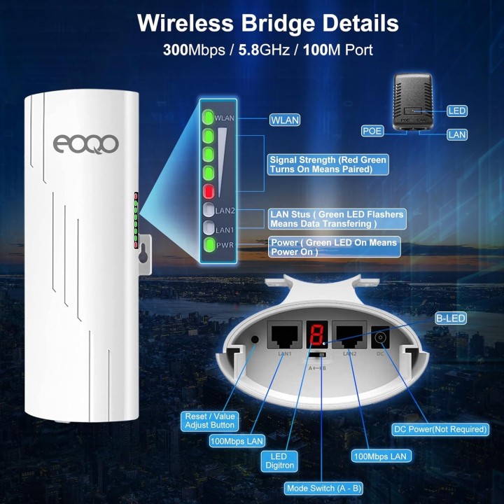CPE356 Point-to-Point Wireless Bridge – 0.9 Miles Range, 100Mbps, PoE for Starlink